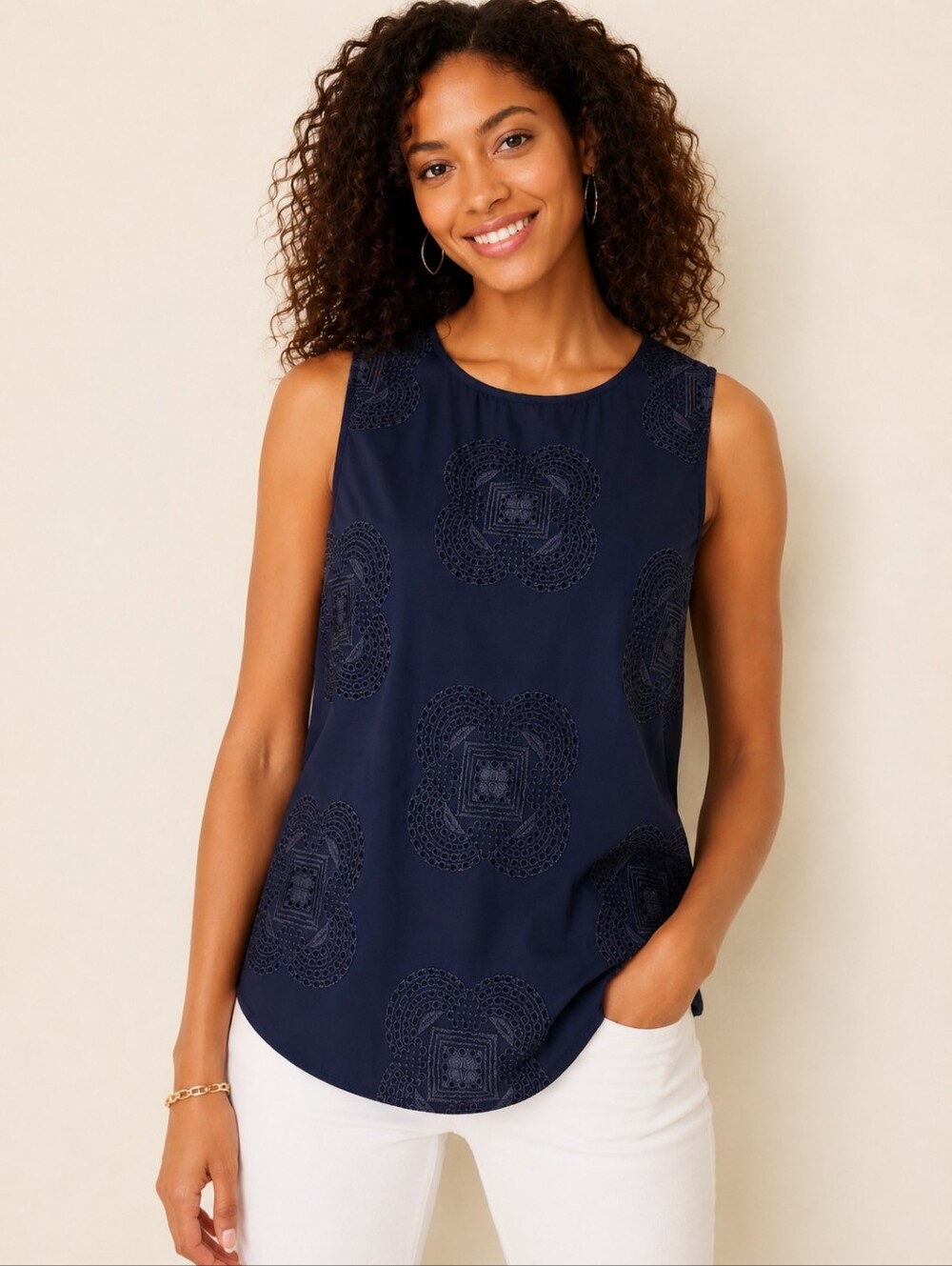 ❤️ NWT! DANIEL RAINN LOVINA EMBROIDERED SLEEVELESS BLOUSE / TOP, NAVY BLUE, S